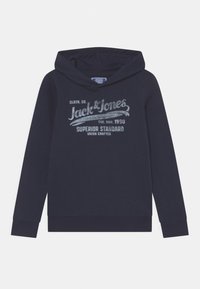 Navy blue hoodie made of cotton with a front graphic in light gray text; features a drawstring hood and ribbed cuffs and hem.