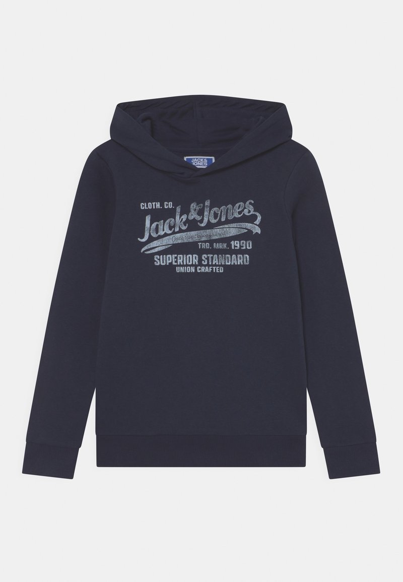 Navy blue hoodie made of cotton with a front graphic in light gray text; features a drawstring hood and ribbed cuffs and hem.