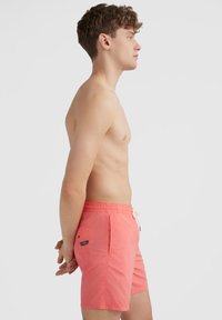 Maillots de bain corail avec une taille élastique, cordon de serrage, poches latérales et un petit badge logo. Tissu lisse avec un design léger.