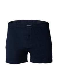 Bóxer de algodón azul marino con cintura elástica, cierre de botón en el frente y textura suave. Diseño simple sin patrones.