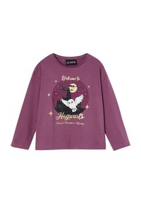 Purple long-sleeve t-shirt featuring a printed design with an owl, castle silhouette, and text stating "Welcome to Hogwarts."