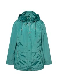 Lichte teal jas met een rits aan de voorkant, verstelbare capuchon en twee voorzakken. Glad, glanzend materiaal met een comfortabele pasvorm.