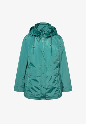 Türkise, leichte Jacke mit einem Reißverschluss vorne, verstellbare Kapuze und zwei Fronttaschen. Glatte, glänzende Textur mit einer entspannten Passform.