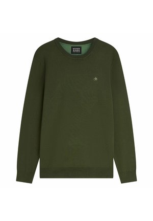 Dunkelgrüner Langarm-Pullover mit Rundhalsausschnitt, kleinem besticktem Logo auf der linken Brustseite sowie gerippten Bündchen und Saum.
