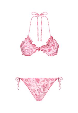 Set di bikini rosa con top arricciato a motivo floreale e lacci al collo. La parte inferiore ha lacci laterali e un design floreale abbinato.