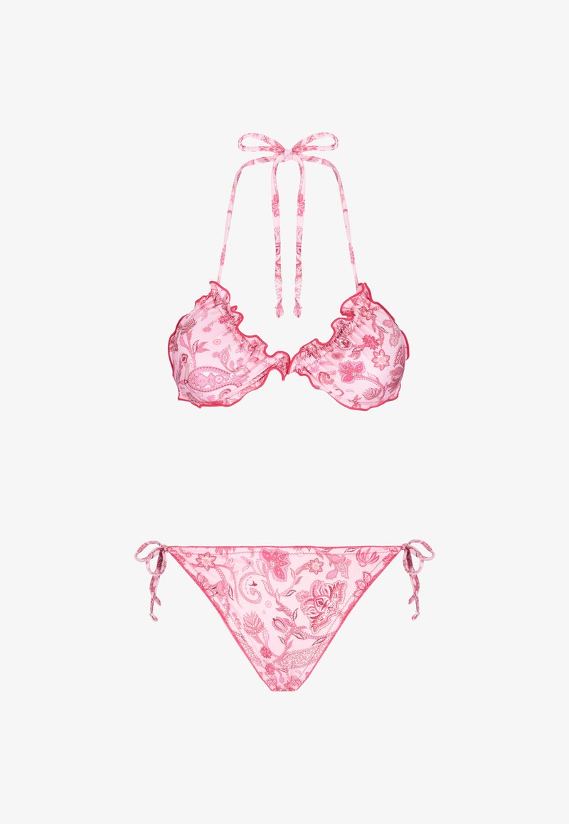 Set di bikini rosa con top arricciato a motivo floreale e lacci al collo. La parte inferiore ha lacci laterali e un design floreale abbinato.