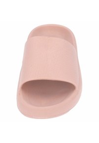 Rosa halksandaler med ett texturerat, bikake-mönstrat ovandel, bred remdesign och öppen tå, tillverkade av flexibelt syntetmaterial.