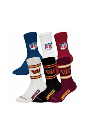 Drei Paar NFL Crew-Socken in Blau, Weiß und Rot mit NFL-Logo und drei Paar Washington Commanders Socken in Weiß, Schwarz und Weinrot.