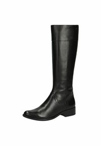 Črne usnjene škornje do kolen s zaobljenim prstom, minimalnim šivanjem in nizko blokovsko peto. Gladka tekstura in eleganten dizajn.