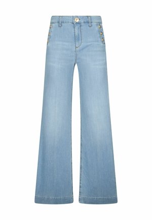 Jean large taille haute bleu clair avec boutons dorés sur les poches avant et un bouton doré unique à la ceinture.