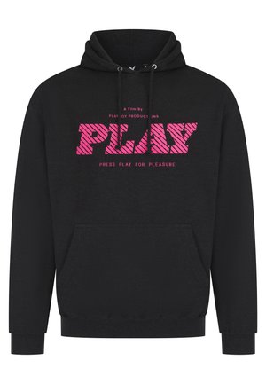 Czarna bluza z kapturem z różowym napisem "PLAY" dużymi literami oraz mniejszym tekstem nad i pod napisem na klatce piersiowej, kieszeń kangura z przodu.