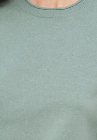 Ανοιχτό πράσινο πλεκτό πουλόβερ με λαιμόκοψη τύπου crew και απαλή υφή. Το ύφασμα έχει ομοιόμορφο, λείο φινίρισμα χωρίς σχέδια ή διακοσμητικά στοιχεία.