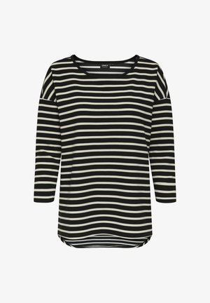 Mustade ja kreemikate triipudega pikkade varrukatega pluus ümarate kaelustega, millel on lõdvestunud lõige ja kõverdatud serv. Valmistatud pehmest, tekstuuriga kangast.