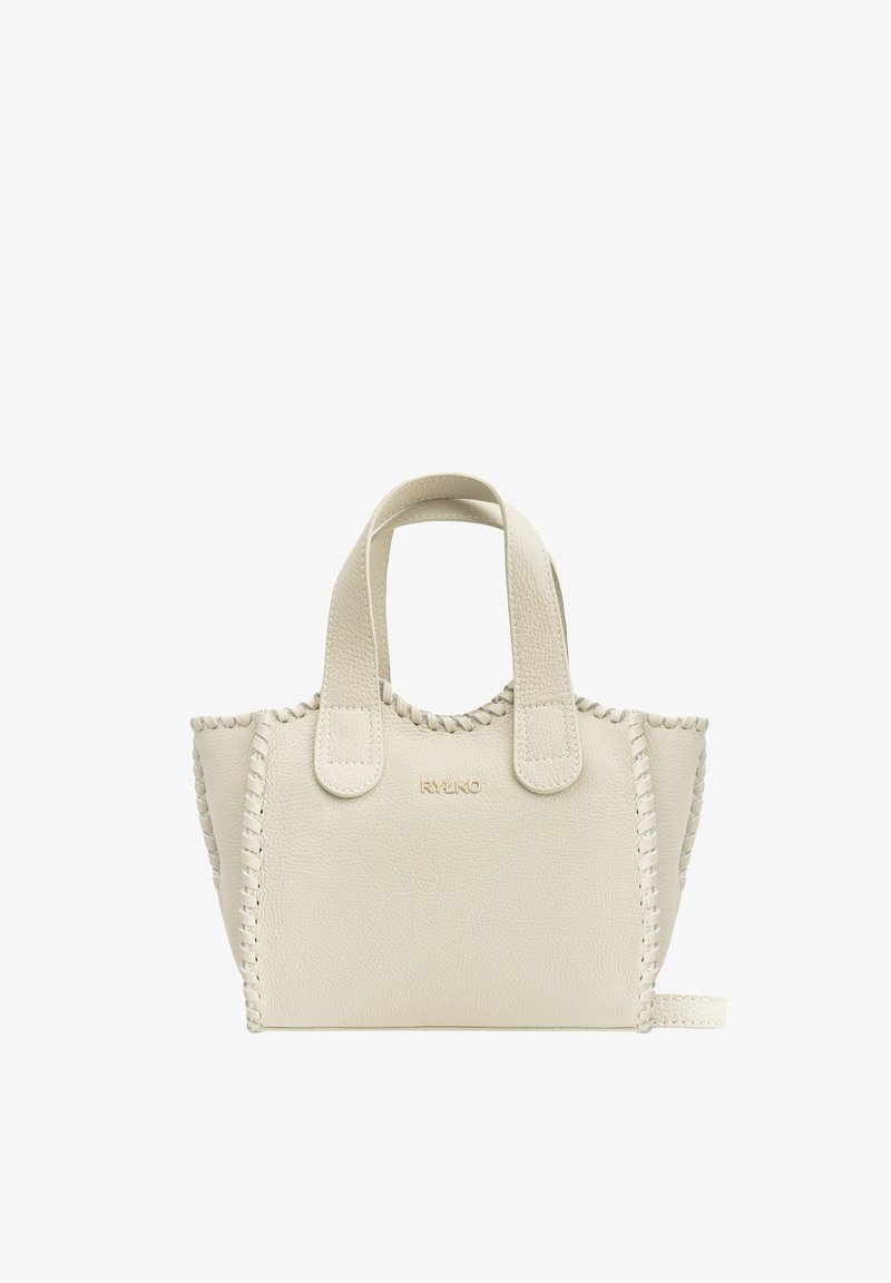 Valge nahast käekott, millel on paelitud detailid, kaks lamedat sangat ja struktuurne kuju dekoratiivse õmblusega äärte ümber.