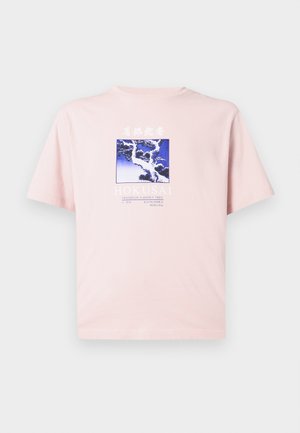 Light pink t-shirt with blue and white graphic of a snowy tree and cranes, text "HOKUSAI" and artist details below.