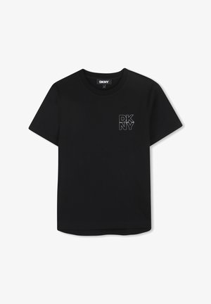 T-shirt noir DKNY à manches courtes, col rond, en coton, avec un logo imprimé en blanc sur le côté gauche de la poitrine, coupe droite à l'ourlet.
