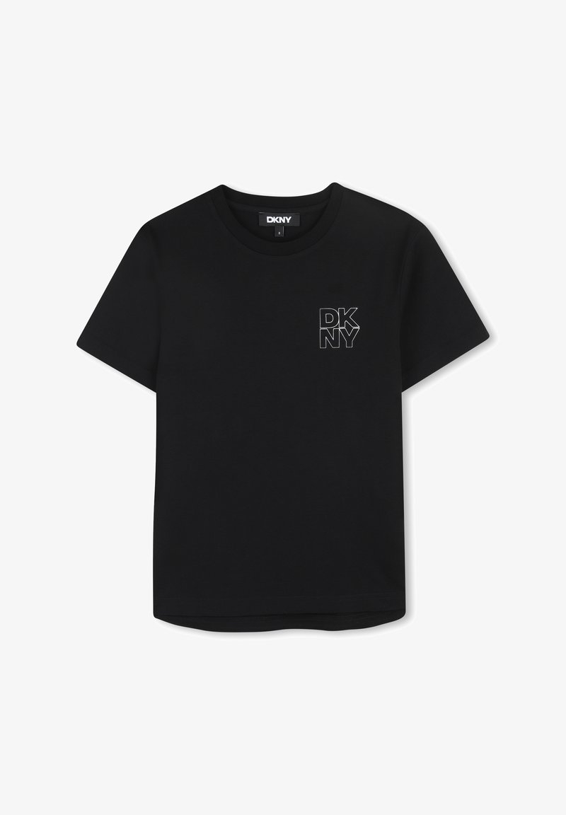 T-shirt noir DKNY à manches courtes, col rond, en coton, avec un logo imprimé en blanc sur le côté gauche de la poitrine, coupe droite à l'ourlet.