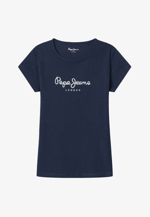 Tumesinine lühikeste varrukatega t-särk, mis on valmistatud puuvillast, ümara kaelusega ja esipoolt kaunistab hõbedane logo "Pepe Jeans LONDON".
