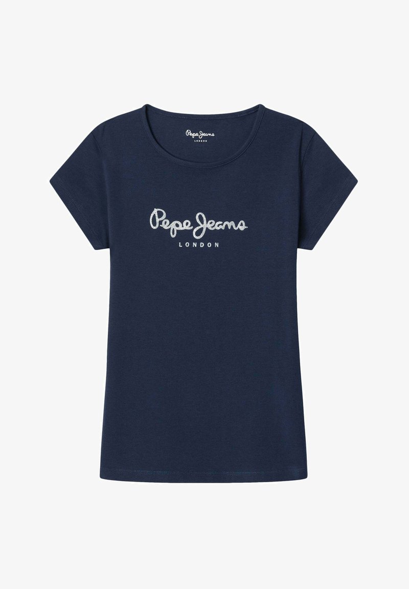 Tamsiai mėlyna trumpomis rankovėmis marškinėliai, pagaminti iš medvilnės, su apvaliu iškirpimu ir sidabriniu logotipu, ant kurio parašyta "Pepe Jeans LONDON" priekyje.