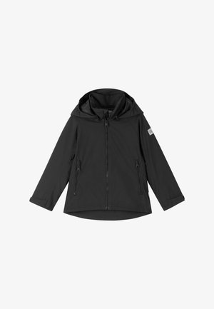 Black hooded jacket with full front zipper, two zippered side pockets, and long sleeves with adjustable cuffs.