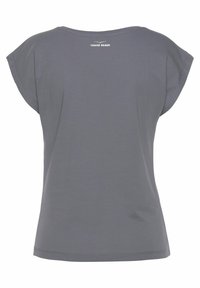 Graues kurzärmliges T-Shirt mit rundem Ausschnitt. "VENICE BEACH"-Logo in Weiß auf der oberen Rückseite gedruckt. Glatte Textur und lockere Passform.