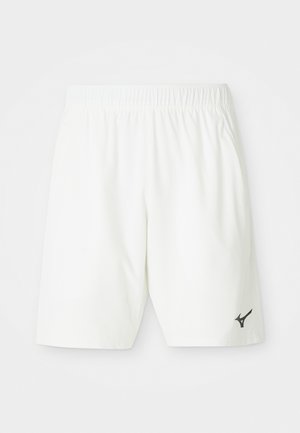 White athletic shorts with an elastic waistband and a black logo on the lower left side. Made from a smooth, lightweight material.