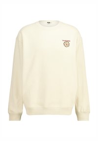 Sudadera color crema hecha de una mezcla de algodón, con cuello redondo, mangas largas y un logotipo bordado de flores "California" en el pecho.