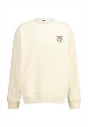 Sudadera color crema hecha de una mezcla de algodón, con cuello redondo, mangas largas y un logotipo bordado de flores "California" en el pecho.