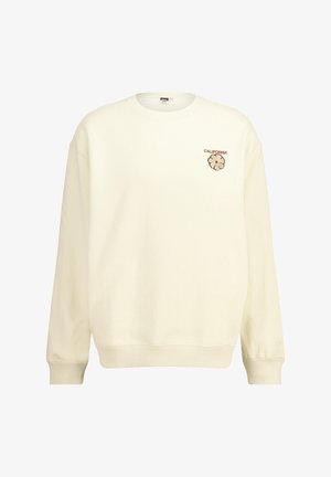 Sudadera color crema hecha de una mezcla de algodón, con cuello redondo, mangas largas y un logotipo bordado de flores "California" en el pecho.