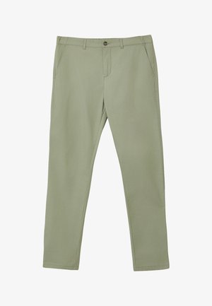 Pantaloni verde chiaro a gamba dritta con chiusura a bottone, passanti per la cintura e tasche laterali anteriori, distesi su uno sfondo bianco.