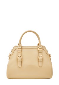 Beige læderhåndtaske med to øverste håndtag, guldfarvet hardware, struktureret design og side spænder. Lynlåslukning på toppen.