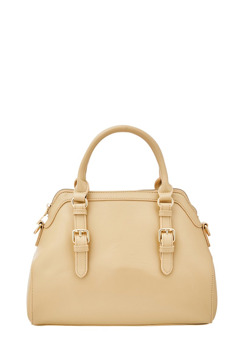 Beige læderhåndtaske med to øverste håndtag, guldfarvet hardware, struktureret design og side spænder. Lynlåslukning på toppen.