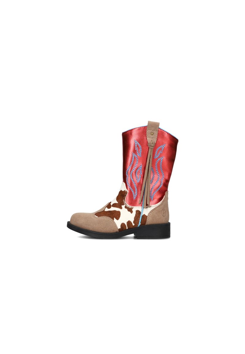 Cowboy-style boots featuring a tan suede base, cow print detailing, red faux leather upper with blue embroidery, and a side zipper.