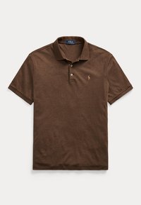 Braunes Polohemd mit kurzen Ärmeln, Kragen und zwei Knöpfen, mit kleinem gesticktem Pferdelogo auf der linken Brust.