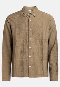 Brown, long-sleeve shirt with a textured fabric pattern. Features a button-down collar, front pocket, and white buttons. Casual design.