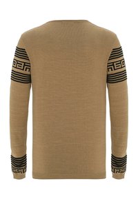 Brauner Pullover mit langen Ärmeln, der schwarze Streifenmuster an den Schultern und Bündchen aufweist. Der Stoff hat eine glatte, weiche Textur.