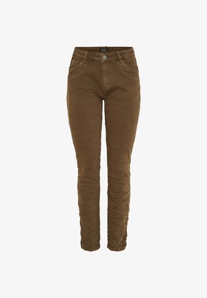 Brune, slim fit jeans med en glat tekstur, fem lommer, front knaplukning og let indsnævrede ben.