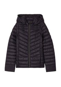 Giacca a vento imbottita di colore viola scuro, con cappuccio, zip frontale e design trapuntato a zigzag. Due tasche laterali con zip nere.