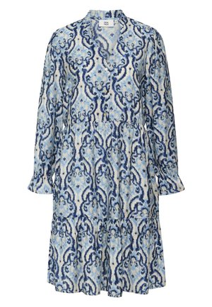 Lange mouwen jurk in laagjes met blauw-wit abstract bloemmotief en gedeeltelijke knoopsluiting aan de voorkant met kraag.