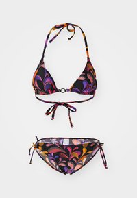 Svart bikini sett med trekantstopp og justerbare sideknuter. Blomsterdesign i lilla, oransje og rosa nyanser. Glatt stoffstruktur.
