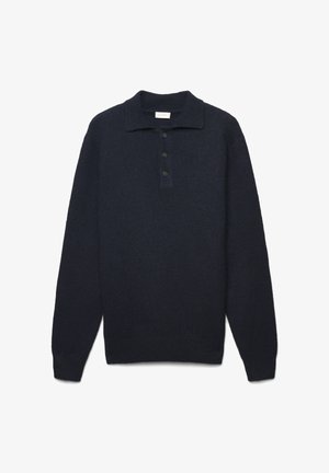 Maglione blu navy con colletto polo classico, pattina con cinque bottoni e maniche lunghe. Tessuto morbido, polsini e orlo a costine.