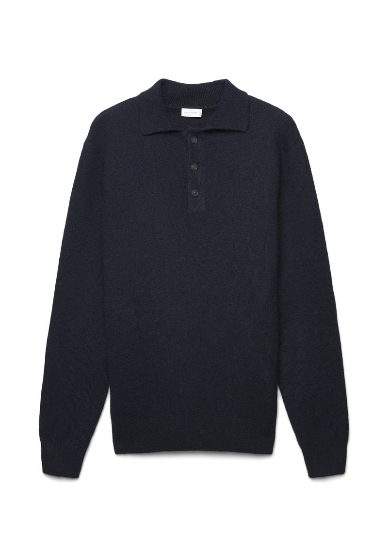 Dunkelblaues Sweatshirt mit klassischem Polokragen, Knopfleiste mit fünf Knöpfen und langen Ärmeln. Weicher Stoff, gerippte Bündchen und Saum.