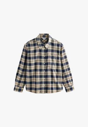Plaid shirt featuring navy blue, beige, and cream colors. Long sleeves, button-up front, and single chest pocket. Soft fabric texture.