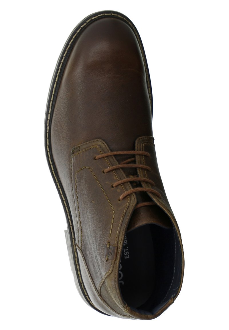 Zapato de cuero marrón con puntera redondeada, diseño de cordones, costuras en contraste y un collar acolchado. Plantilla acolchada con la marca visible.