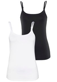 Zwei Tanktops in Schwarz und Weiß, aus weichem Stoff, mit dünnen Trägern, tailliertem Schnitt und glatter Textur.