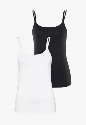 Zwei Tanktops in Schwarz und Weiß, aus weichem Stoff, mit dünnen Trägern, tailliertem Schnitt und glatter Textur.