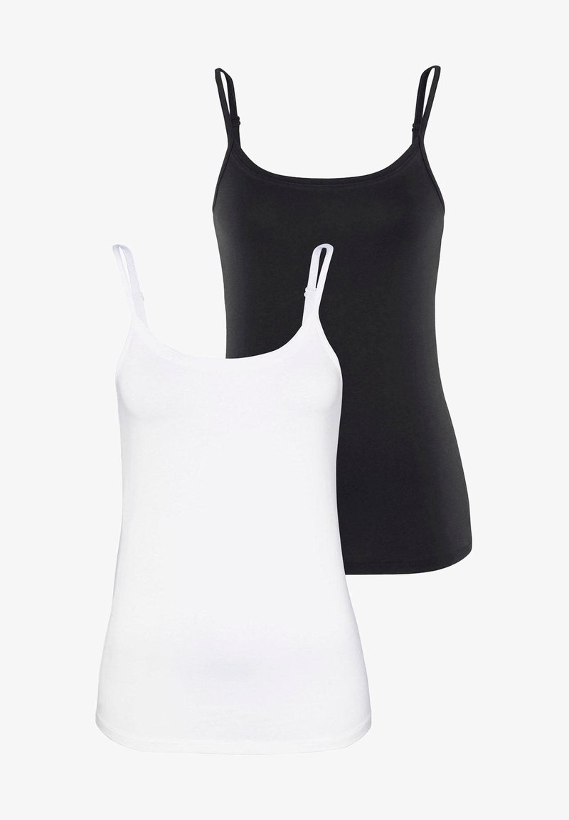 Zwei Tanktops in Schwarz und Weiß, aus weichem Stoff, mit dünnen Trägern, tailliertem Schnitt und glatter Textur.