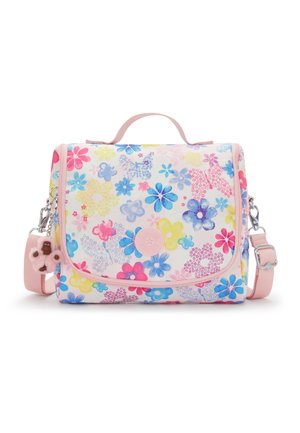 Rechteckige Pastelltasche mit Blumenmuster, rosa Besatz, oberem Griff, verstellbarem Schulterriemen und einem kleinen Plüsch-Schlüsselanhänger.