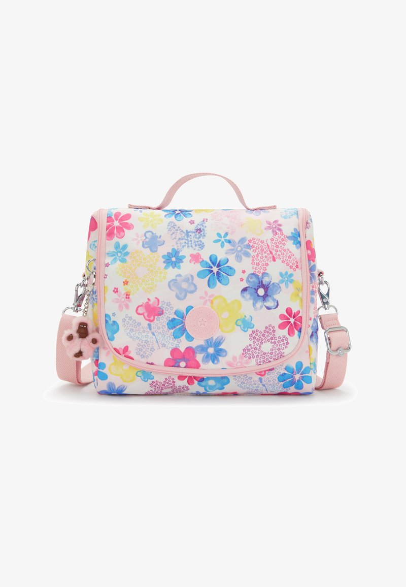 Sac rectangulaire à motif floral pastel avec bordure rose, poignée supérieure, sangle d'épaule ajustable et un petit porte-clés en peluche attaché.