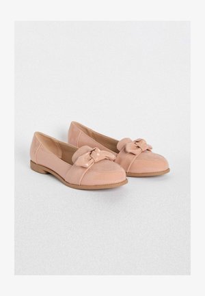 Heledad roosa libisemisega jalanõud, mis on valmistatud siledast ja sametisest materjalist, kaunistatud kaunistusekaarega varbaosas ja tasase kummitaldiga.